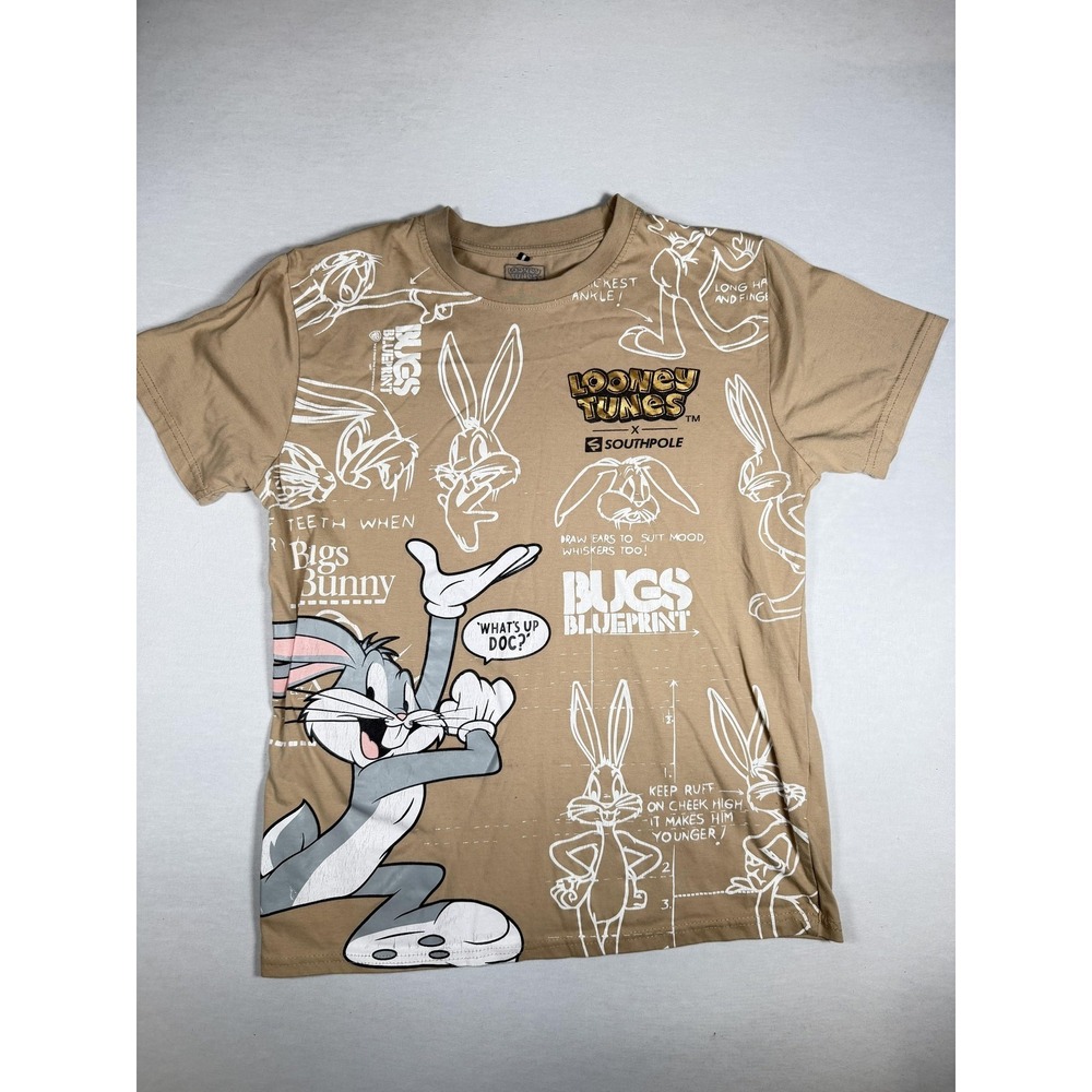 Looney Tunes Southpole Shirt Mens Medium Beige Bugs Bunny Blueprint Graphic Tee - Picture 1 of 8